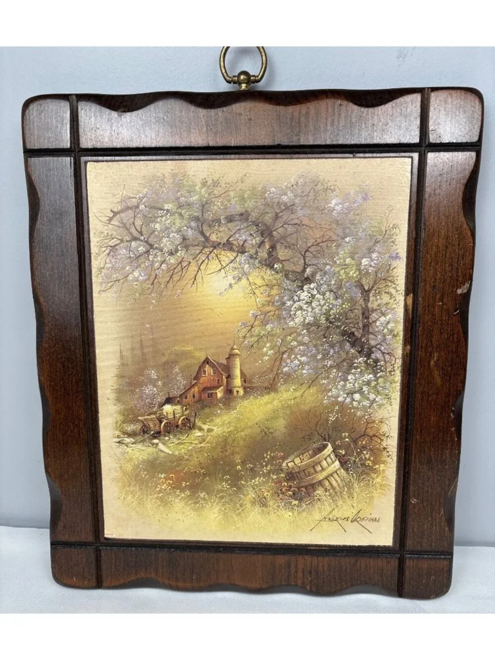 Rustic Wooden Wall Art Scenic Farmhouse Painting Gold-Tone 14x11